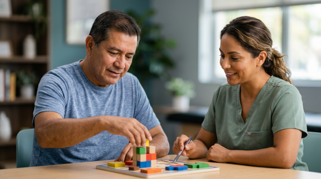 Paciente con lesión cerebral traumática practicando memoria y coordinación con una terapeuta.