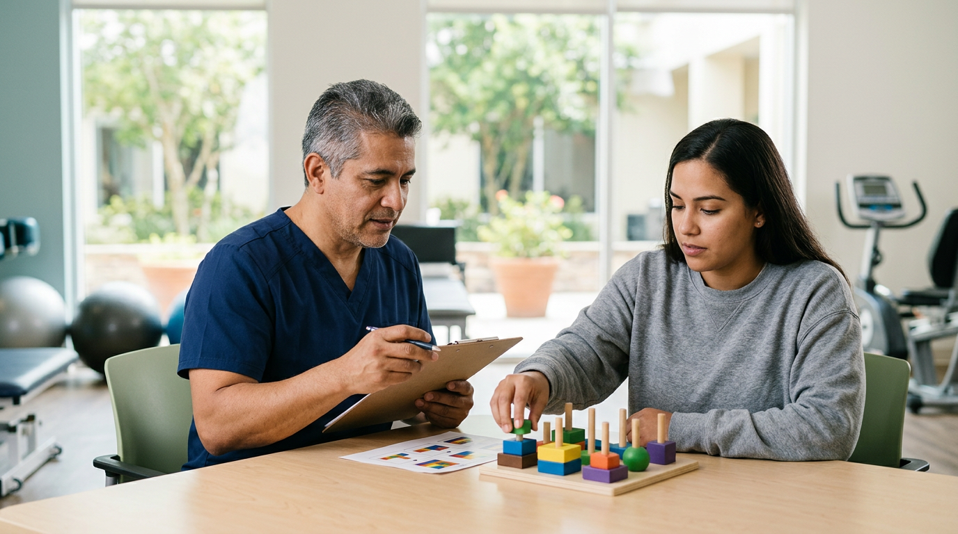 Paciente con lesión cerebral traumática practicando memoria y coordinación con una terapeuta.