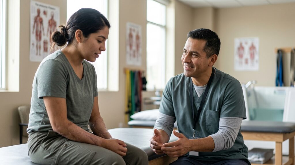 Paciente con quemadura conversando con clínico de rehabilitación en una sala de tratamiento privada.
