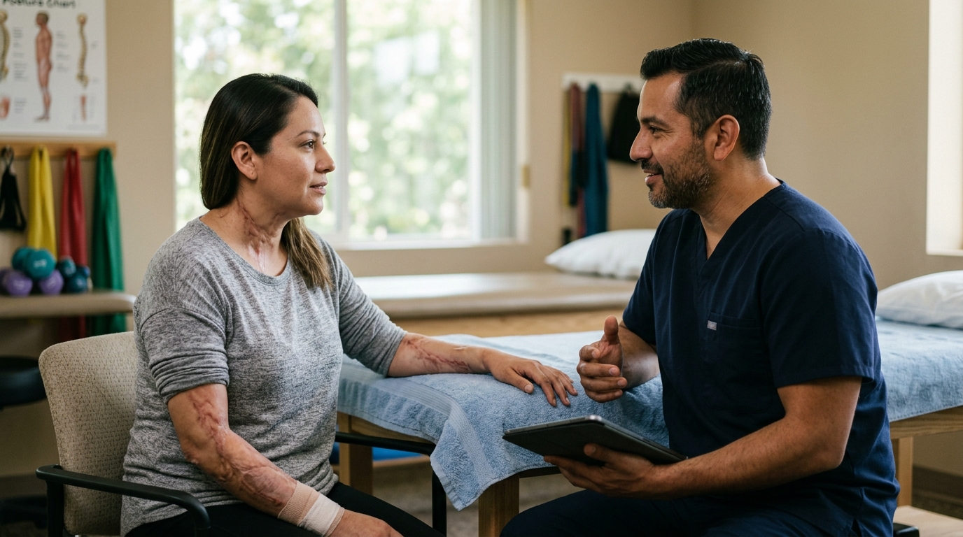 Paciente con quemaduras conversando con un fisioterapeuta en una sala de tratamiento privada.