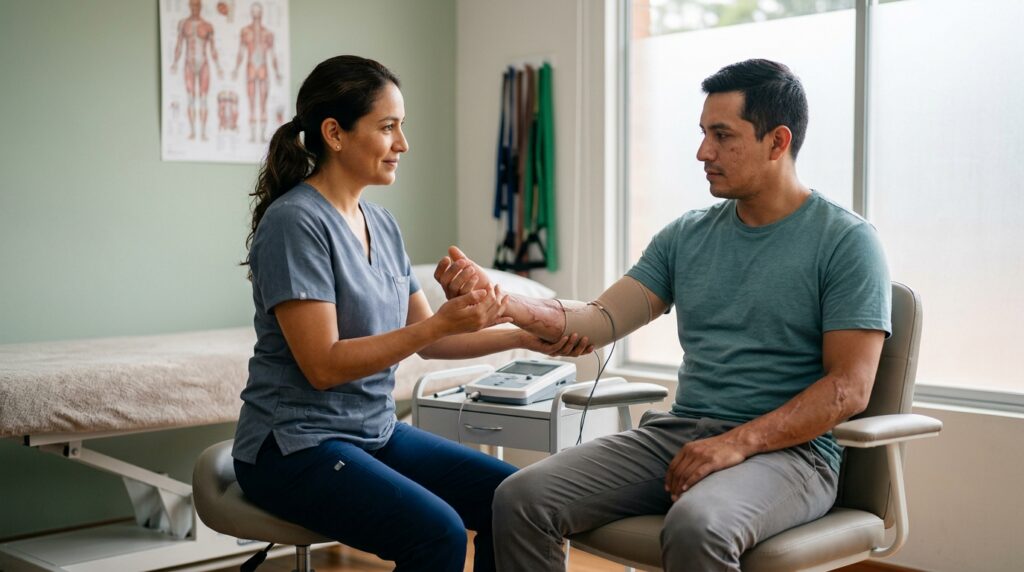 Paciente con quemaduras conversando con un rehabilitador en una sala de tratamiento privada.
