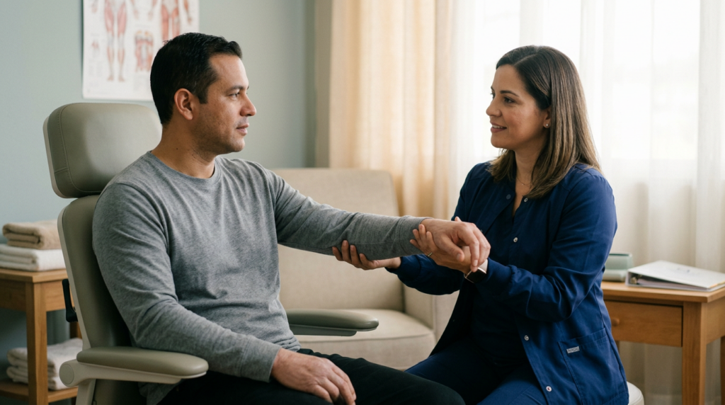 Paciente con quemaduras reunido con una clínica de rehabilitación en una sala de tratamiento privada.