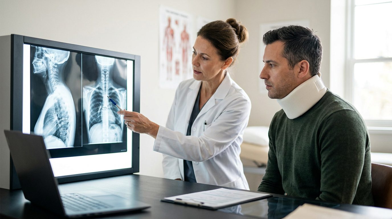 Patient in cervical collar consulting with spinal surgeon over spine X-rays in medical office.