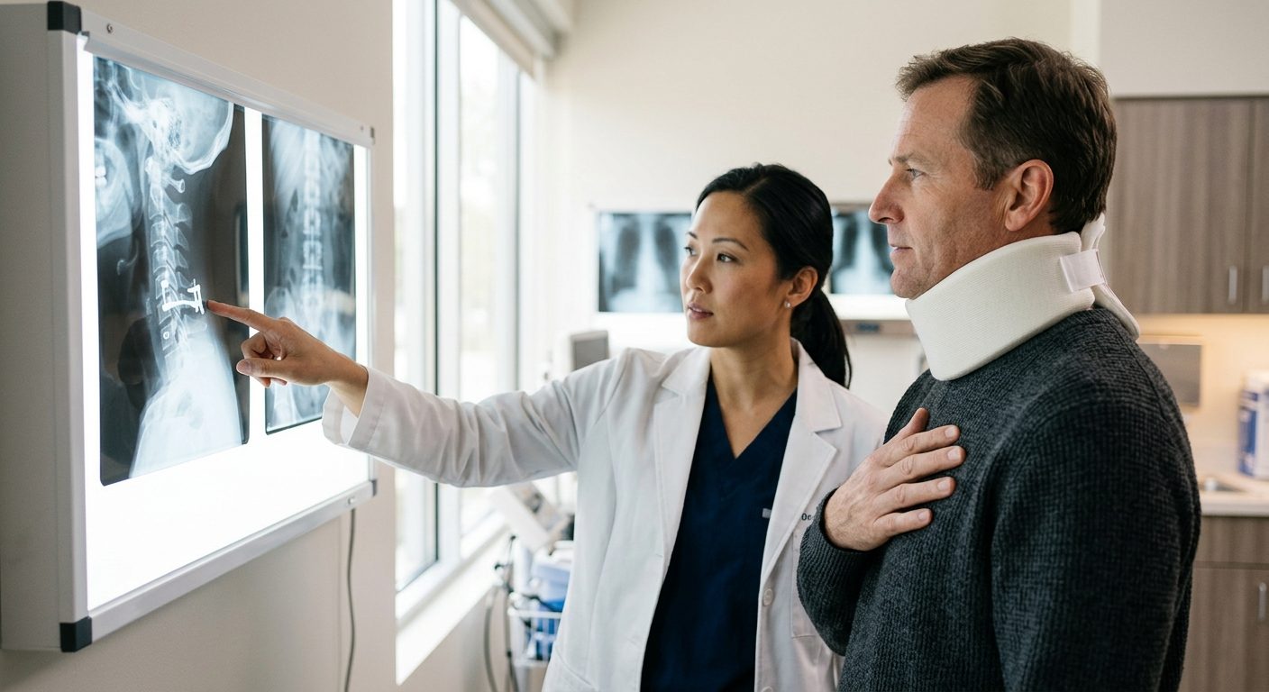 Patient in cervical collar consulting with spinal surgeon over spine X-rays in medical office.