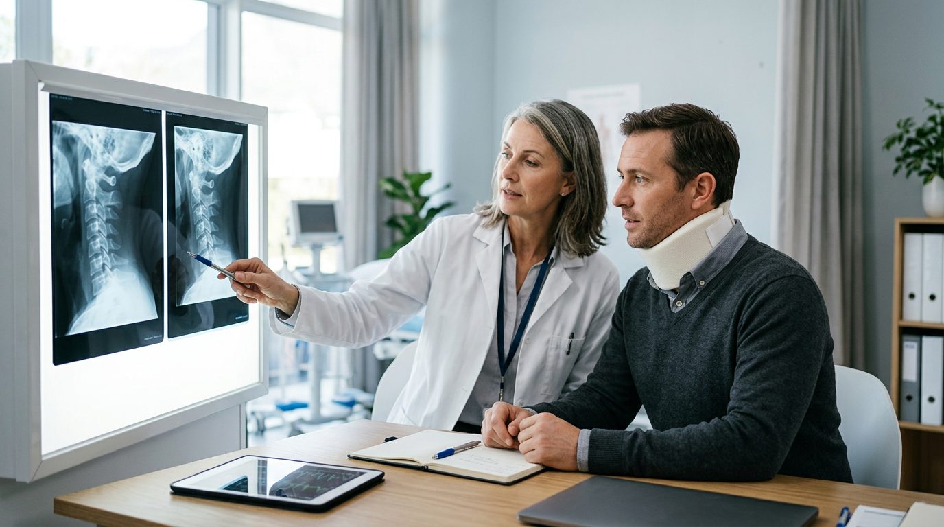 Patient in cervical collar discussing spine X-rays with spinal surgeon during consultation.