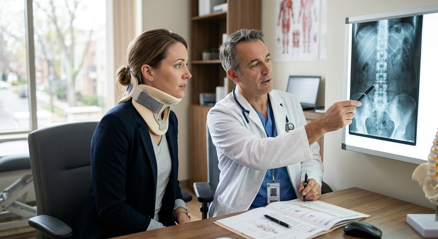 Patient in cervical collar discussing spine X-rays with spinal surgeon during consultation.