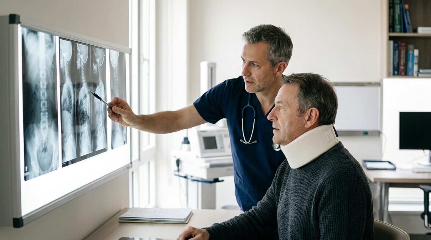 Patient in cervical collar discussing spine X-rays with surgeon during consultation.