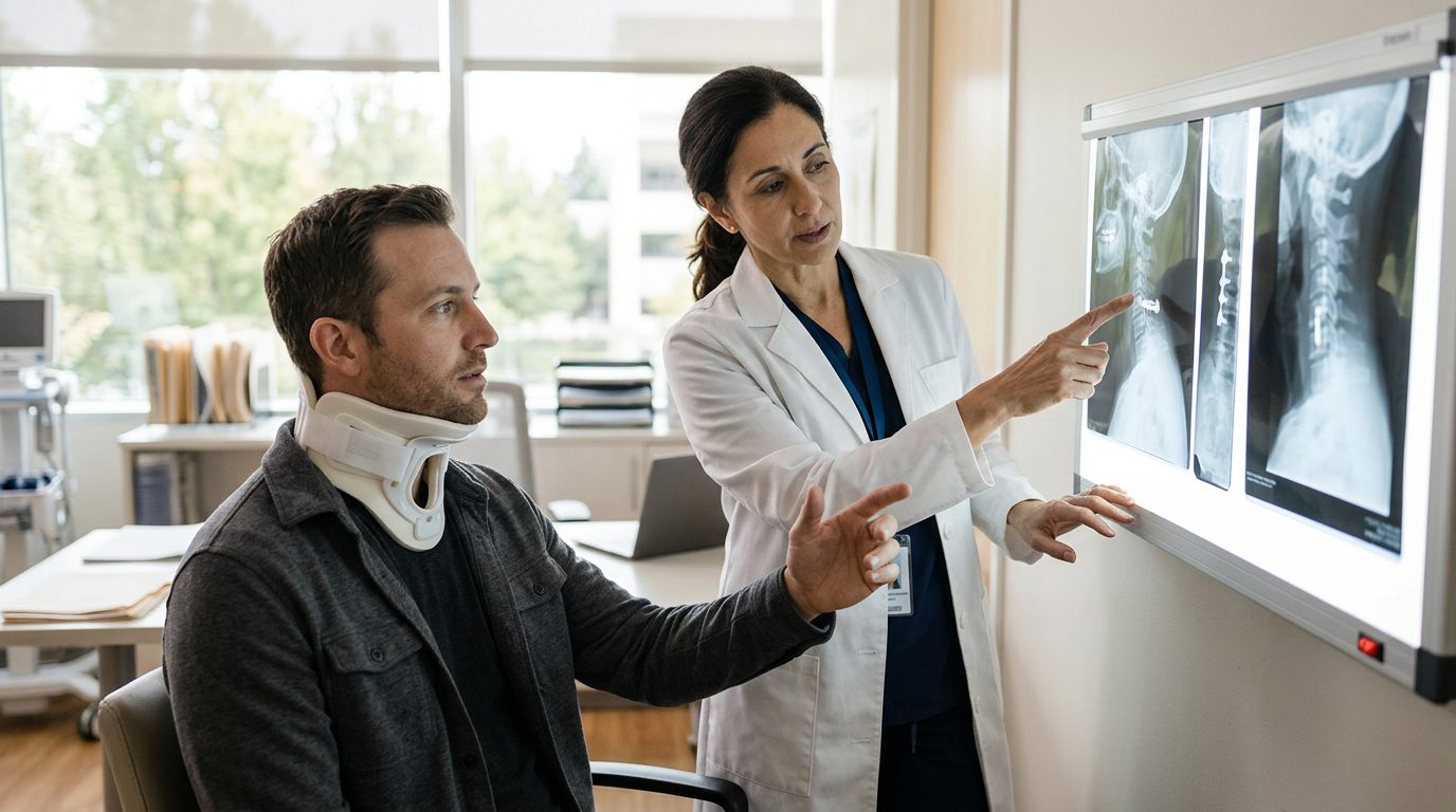 Patient in cervical collar reviewing spine X-rays with spinal surgeon during consultation.
