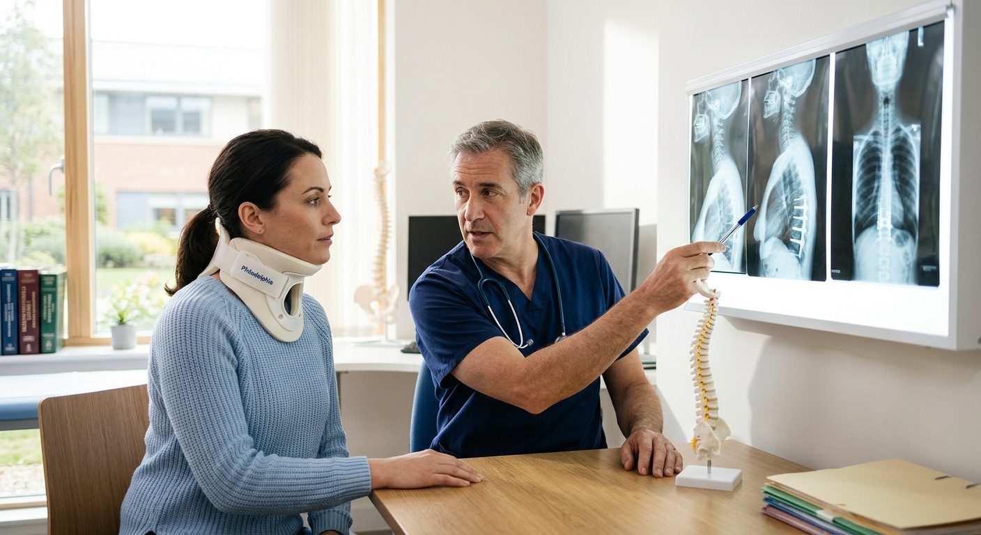 Patient in cervical collar reviewing spine X-rays with spinal surgeon during consultation.