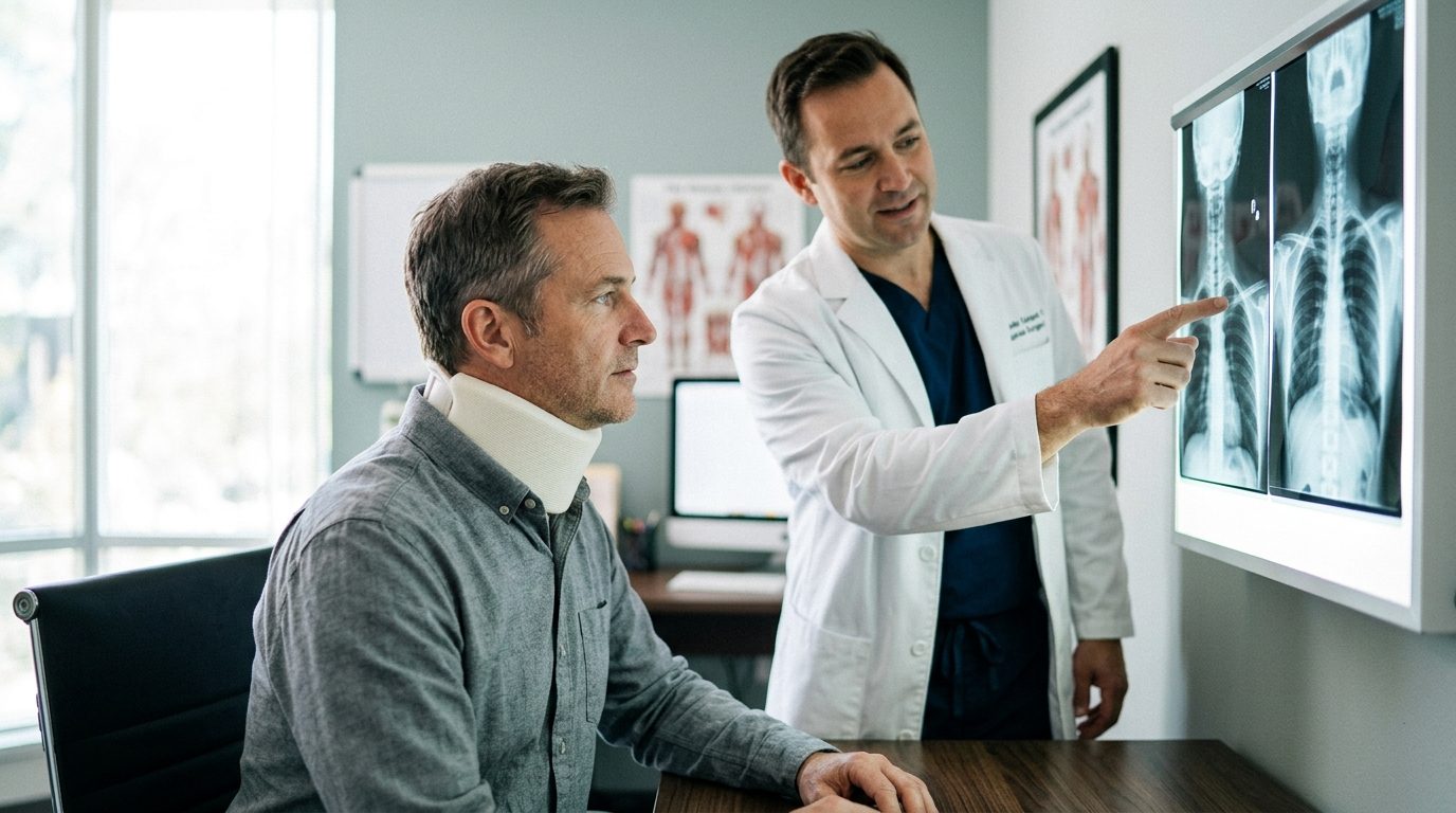 Patient in cervical collar reviewing spine X-rays with spinal surgeon during consultation.