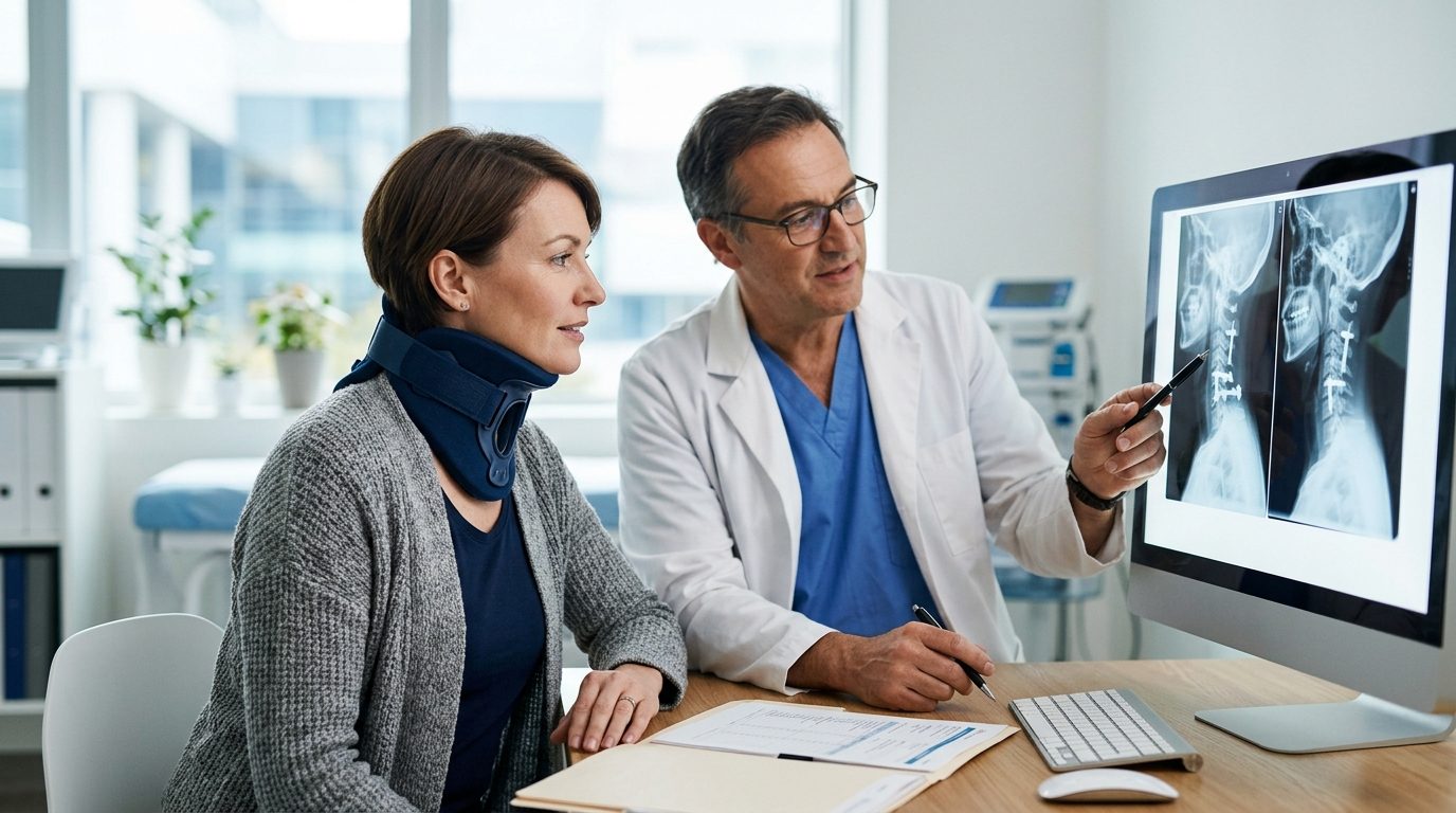 Patient in cervical collar reviewing spine X-rays with spinal surgeon during consultation.