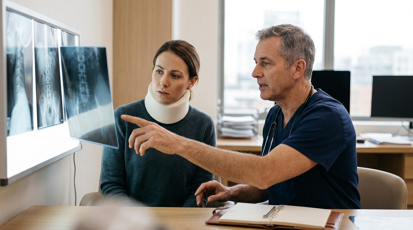 Patient in cervical collar reviewing spine X-rays with spinal surgeon during consultation.