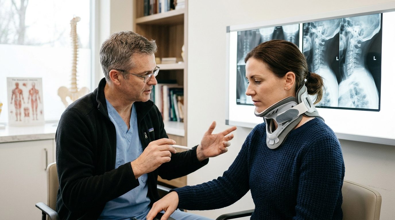 Patient in cervical collar reviewing spine X-rays with spinal surgeon during consultation.