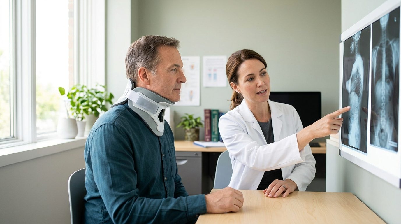 Patient in neck collar discussing spine X-rays with spinal surgeon during consultation.
