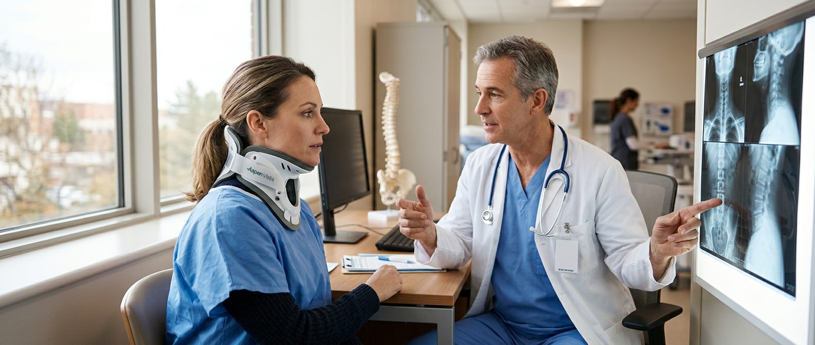 Patient in neck collar discussing spine X-rays with spinal surgeon during consultation.