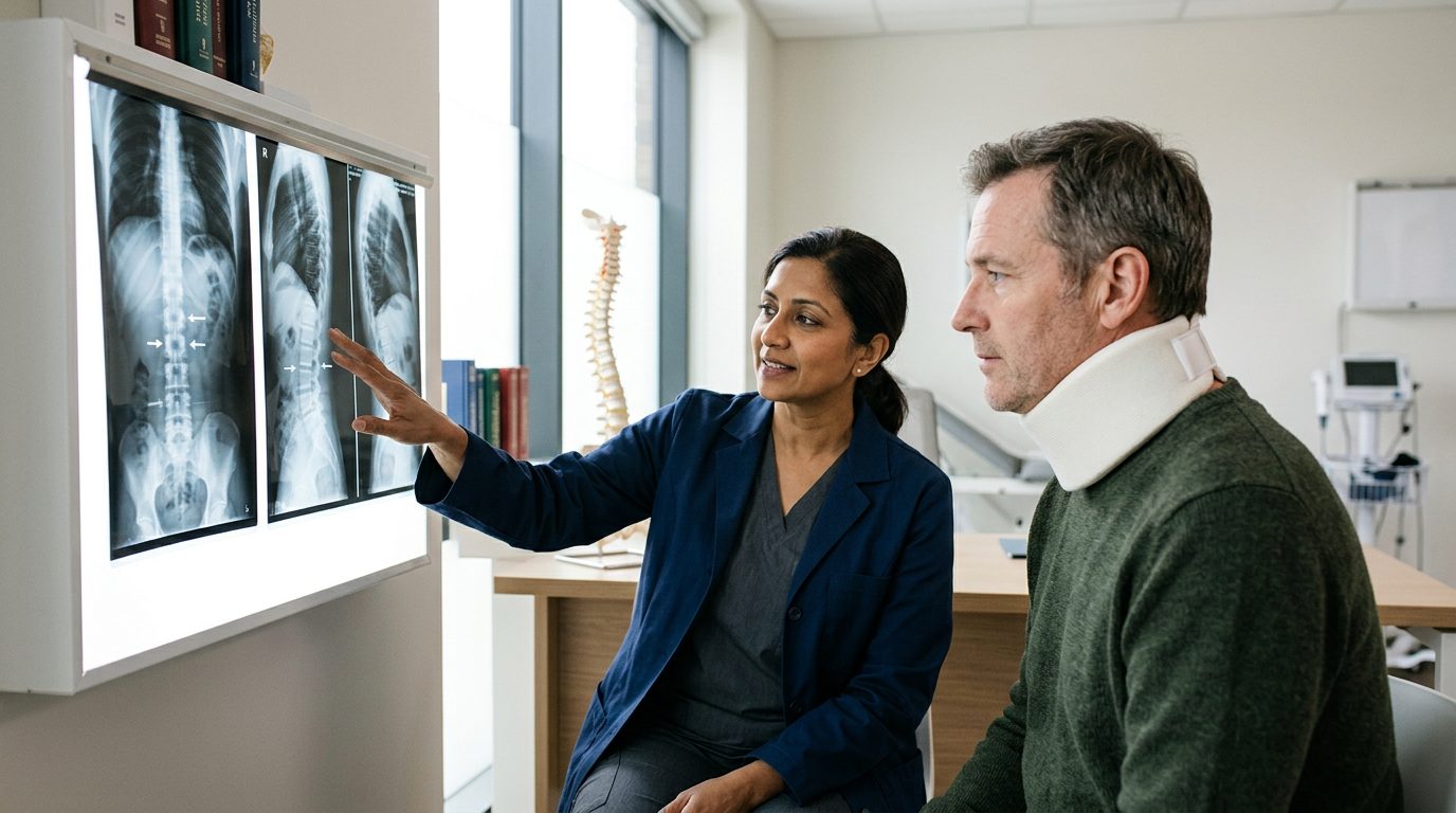 Patient in neck collar discussing spine X-rays with surgeon during consultation.