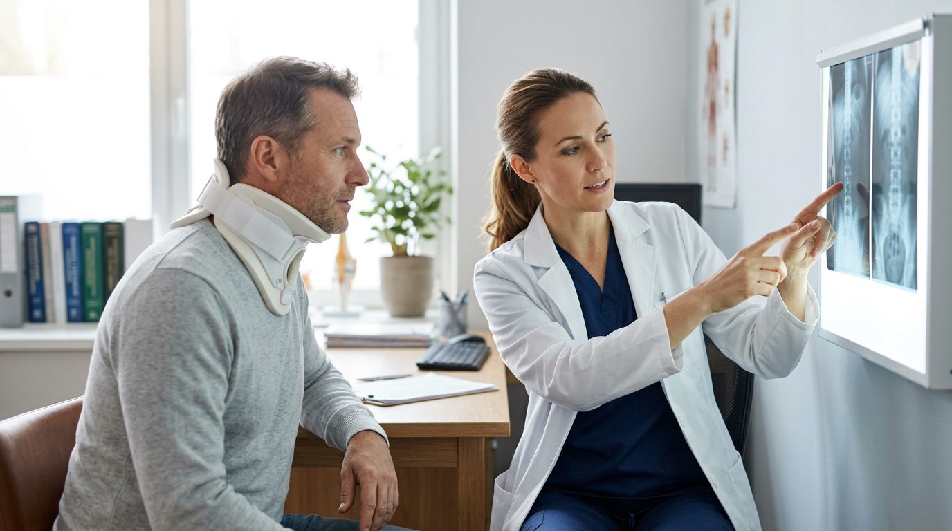 Patient in neck collar reviewing spine X-rays with spinal surgeon during consultation.