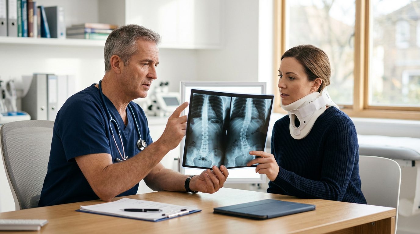 Patient in neck collar reviewing spine X-rays with spinal surgeon during consultation.