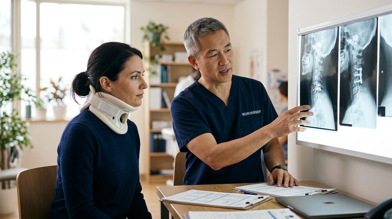 Patient in neck collar reviewing spine X-rays with surgeon during consultation.