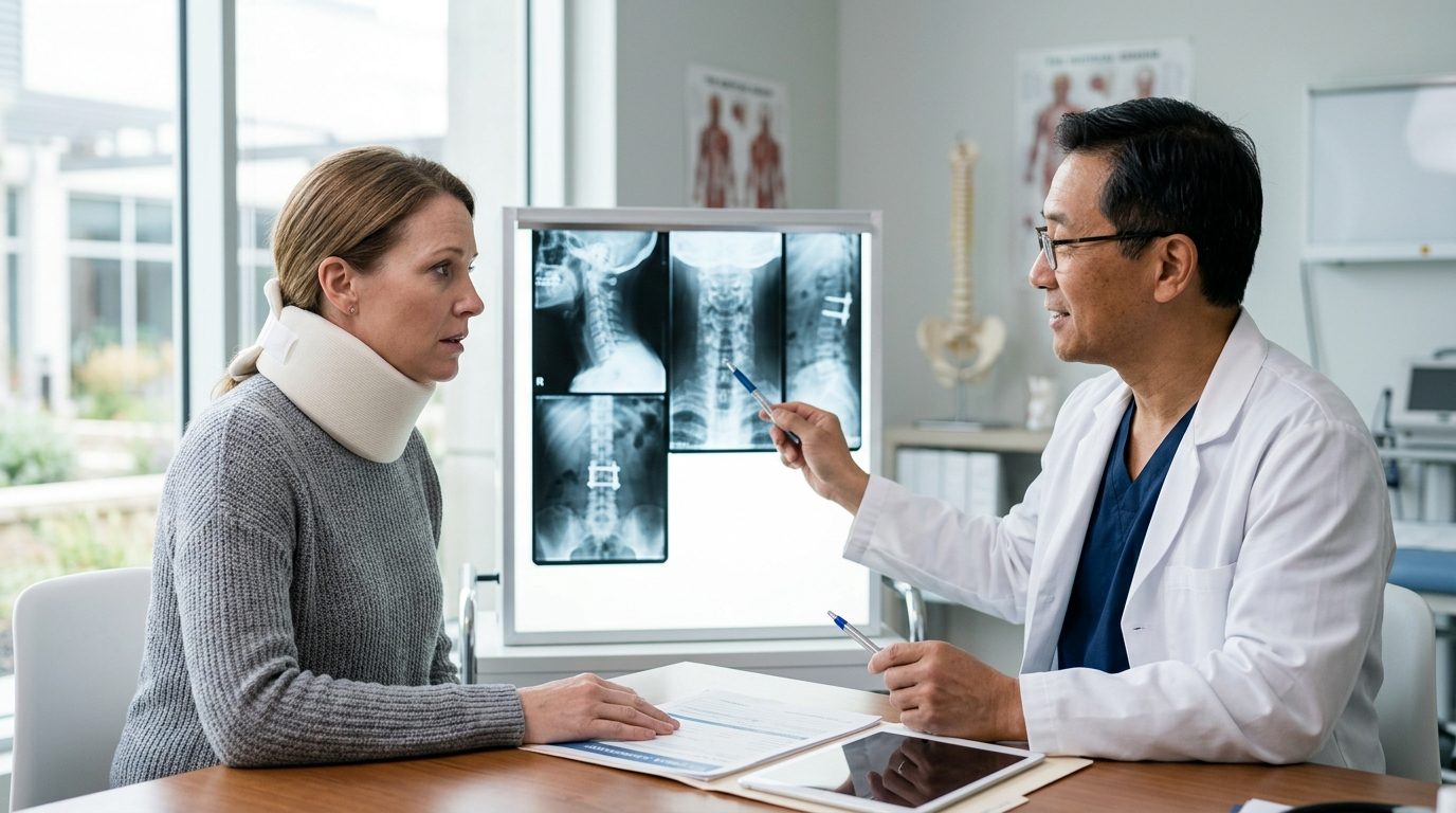 Patient in neck collar reviewing spine X-rays with surgeon during consultation.