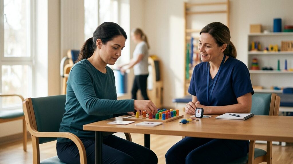 Patient in physical therapy session working on balance and cognitive exercises with therapist.