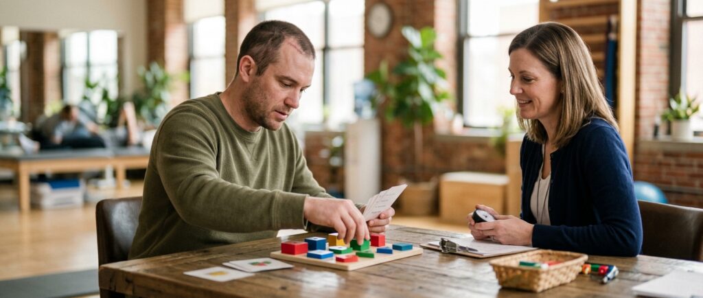 Patient practices memory and coordination exercises with a therapist during traumatic brain injury rehabilitation.