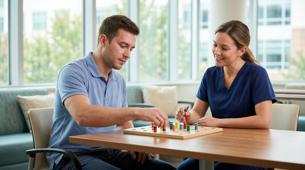 Patient practices memory and coordination exercises with a therapist during rehabilitation therapy.