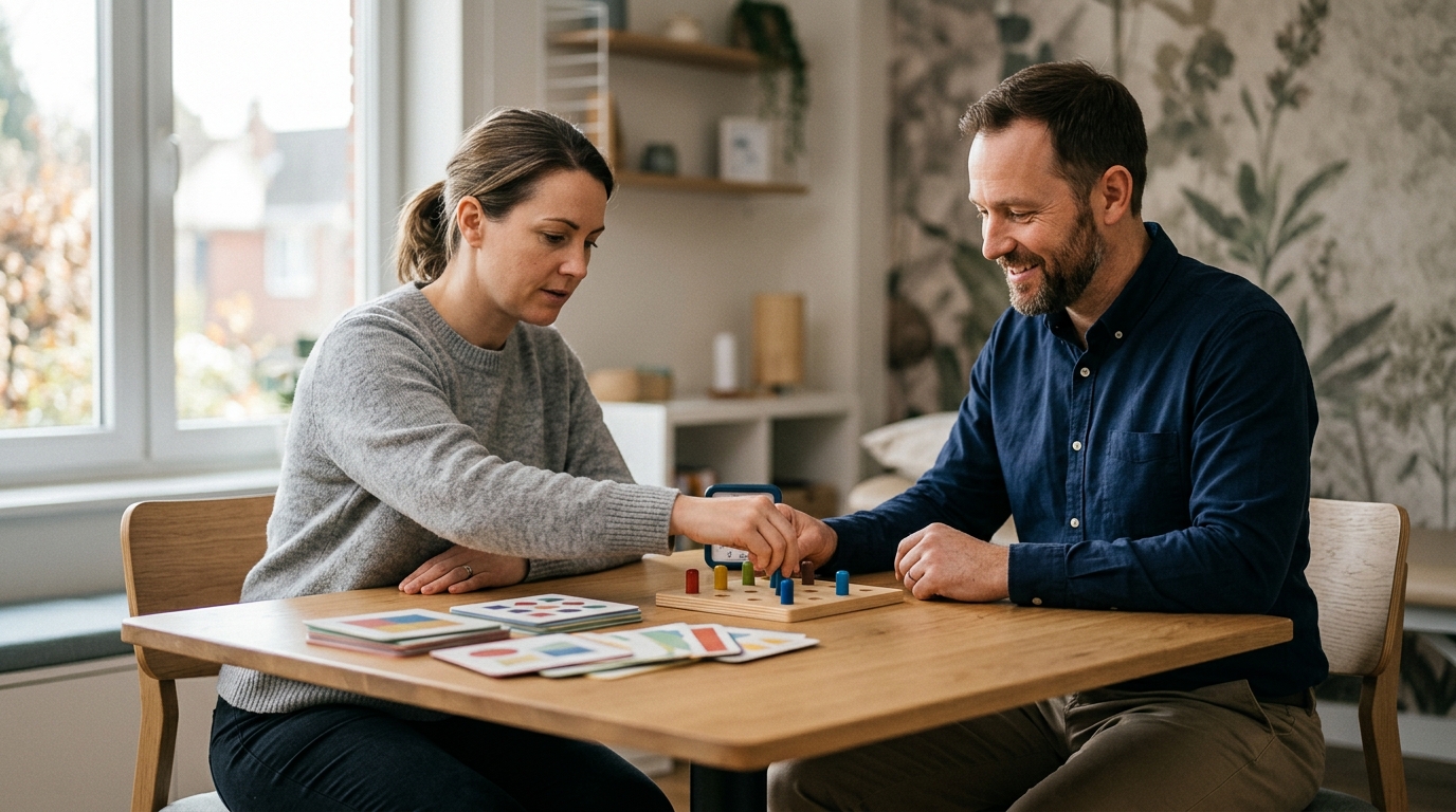Patient practices memory and coordination exercises with a therapist during traumatic brain injury rehabilitation.