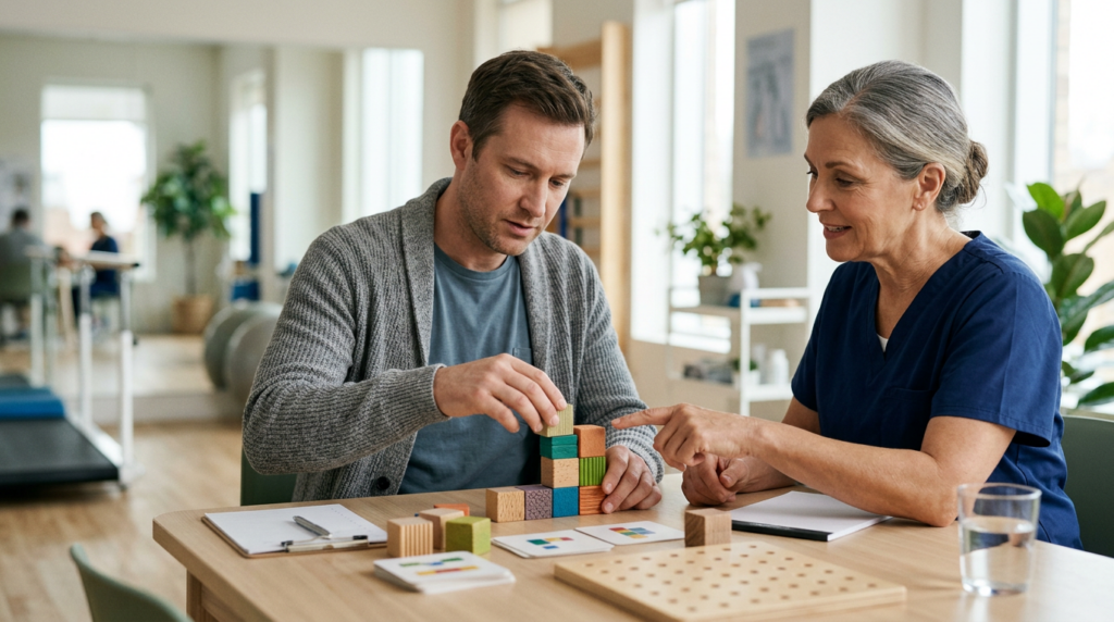 Patient practicing memory and coordination exercises with a therapist during traumatic brain injury rehabilitation.