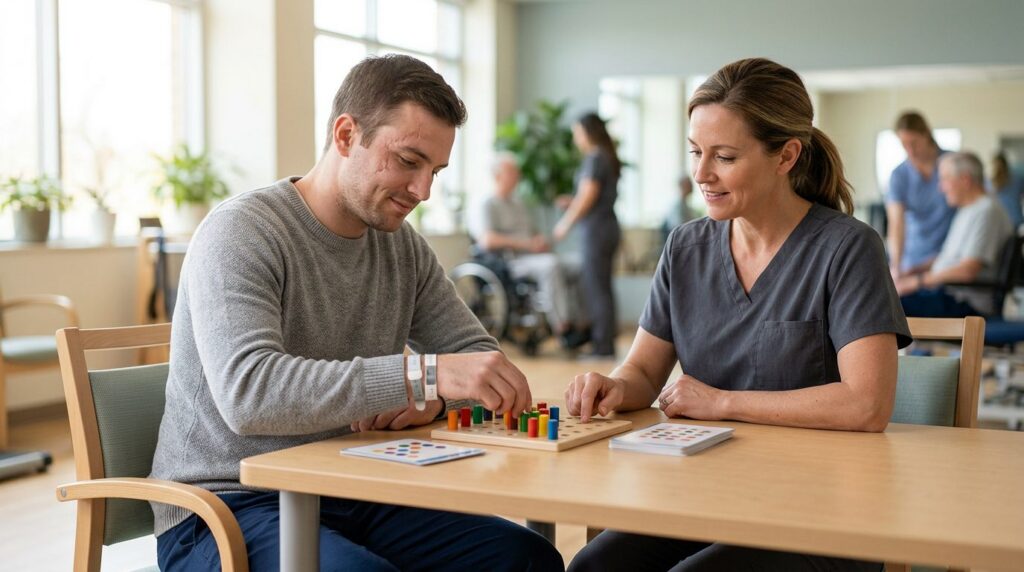 Patient working with therapist on memory and coordination exercises during TBI recovery.