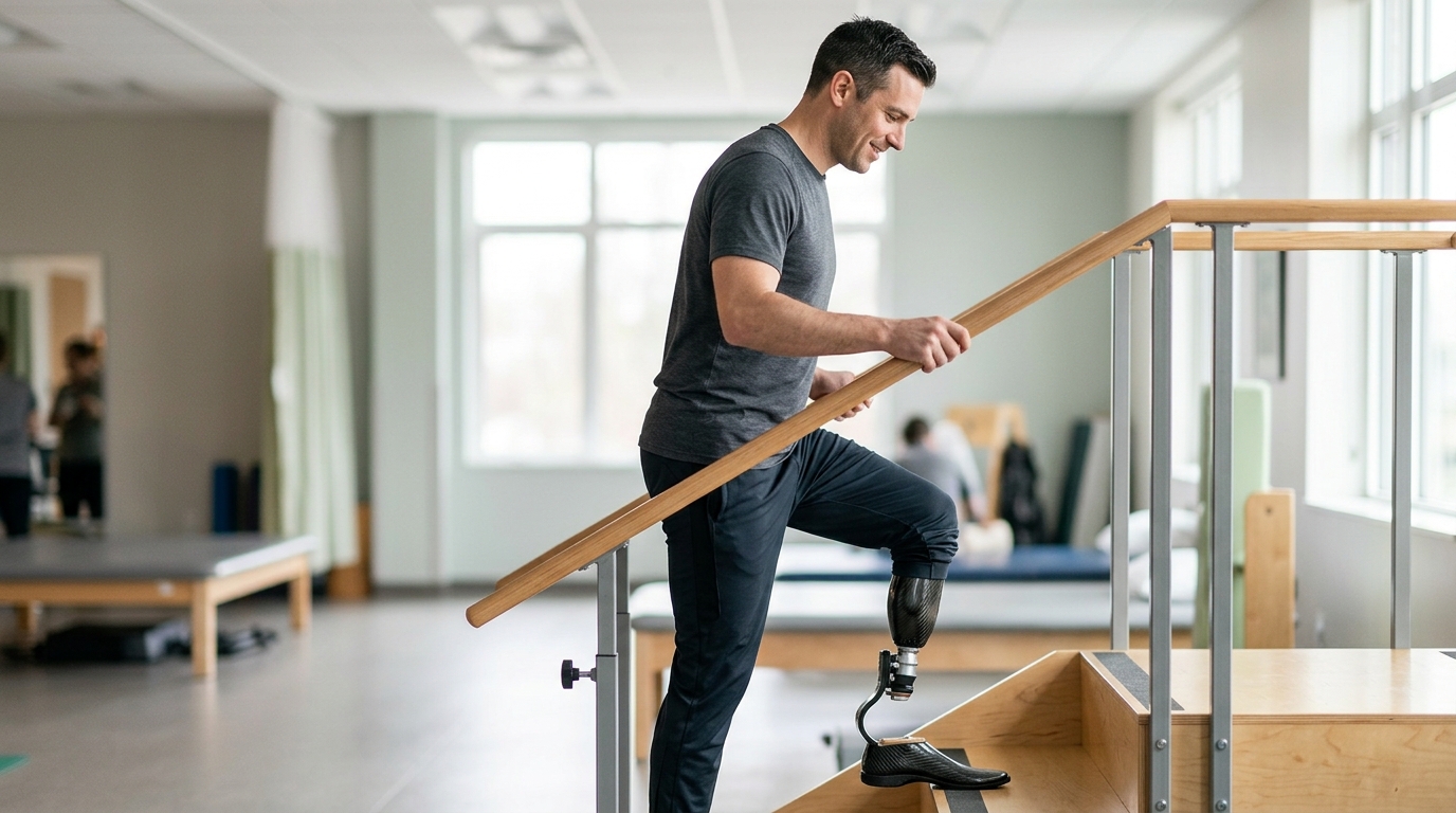 Person adjusting a prosthetic leg while regaining daily independence after an amputation.
