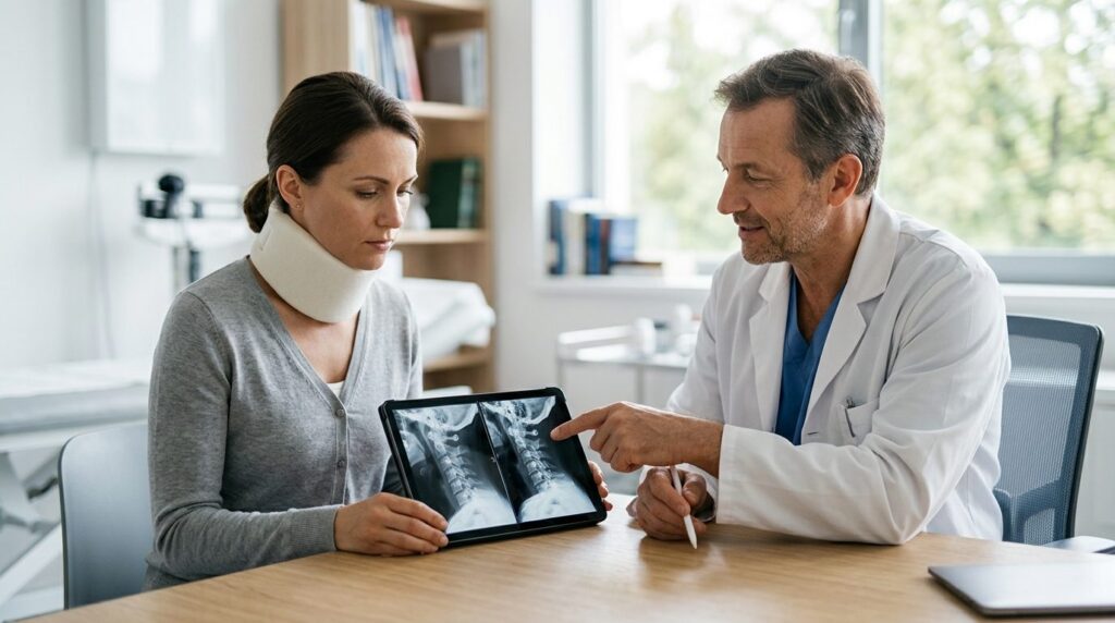 Person in a cervical neck collar reviewing spine X-rays with a surgeon in a consultation room.