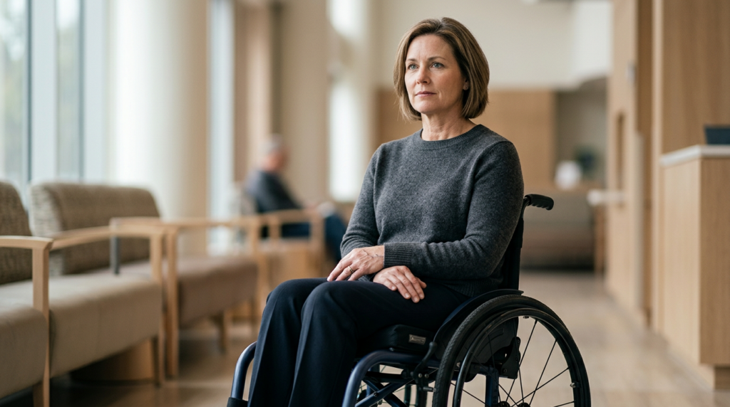 a person who uses a wheelchair looking forward with quiet resolve, catastrophic spinal injury