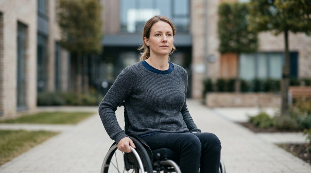 a person who uses a wheelchair looking forward with quiet resolve, catastrophic spinal injury