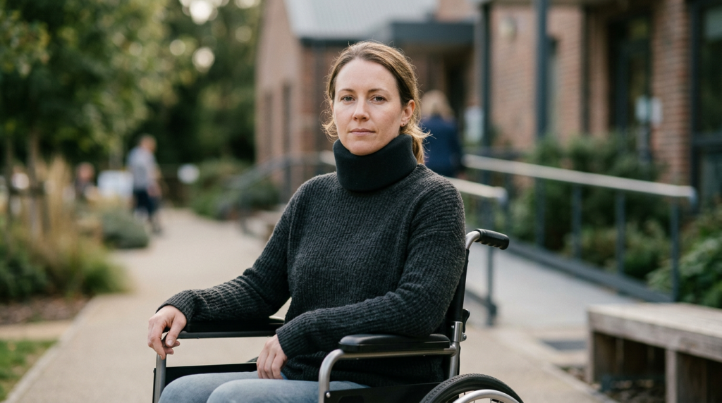 a person who uses a wheelchair looking forward with quiet resolve, catastrophic spinal injury