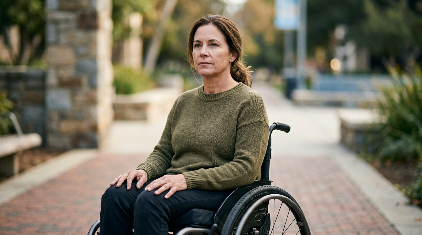 Person in a wheelchair looking forward with a determined expression.