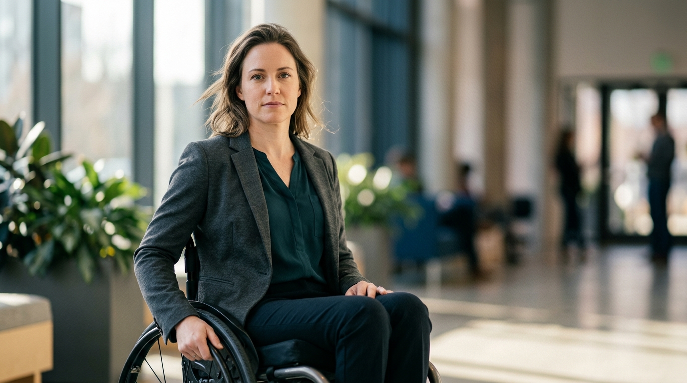Person in a wheelchair looking forward with quiet resolve after a catastrophic spinal injury.