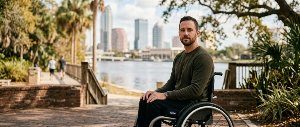 a person who uses a wheelchair looking forward with quiet resolve, catastrophic spinal injury