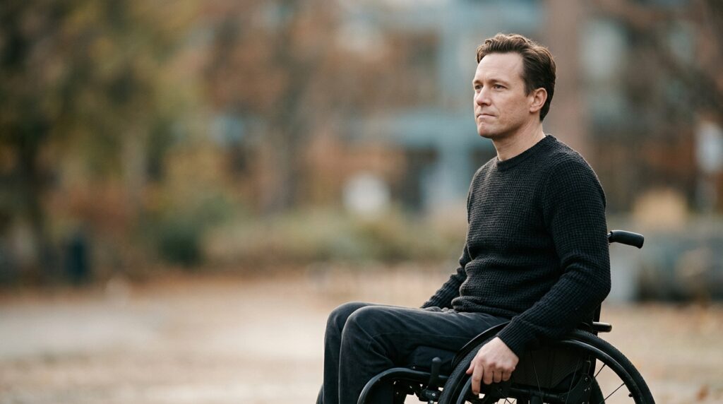 Person in a wheelchair looking forward with quiet resolve after a spinal cord injury.
