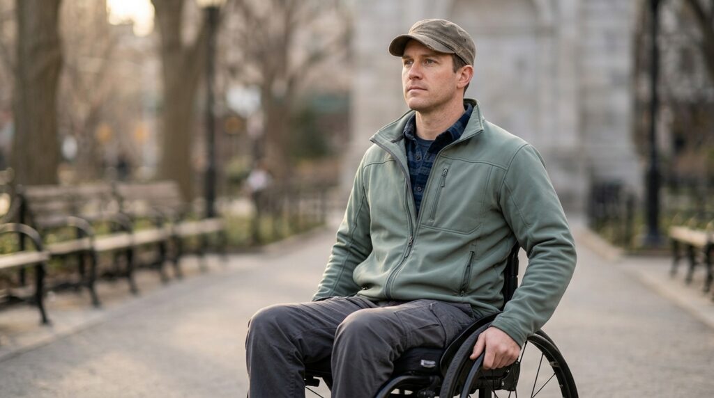 Person in a wheelchair looking forward with quiet resolve after a catastrophic injury.