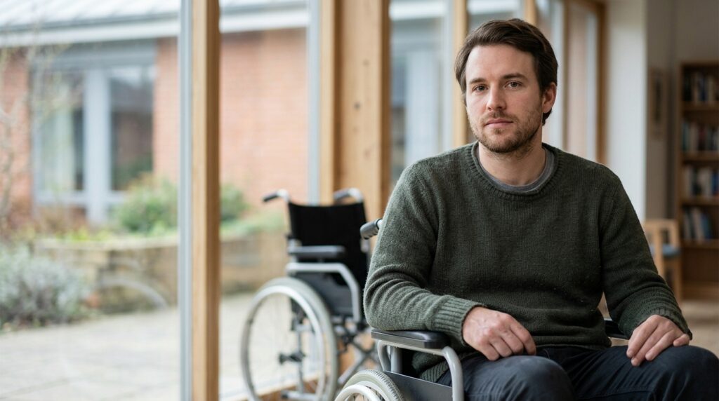 Person in a wheelchair looking forward with quiet resolve after a catastrophic injury.