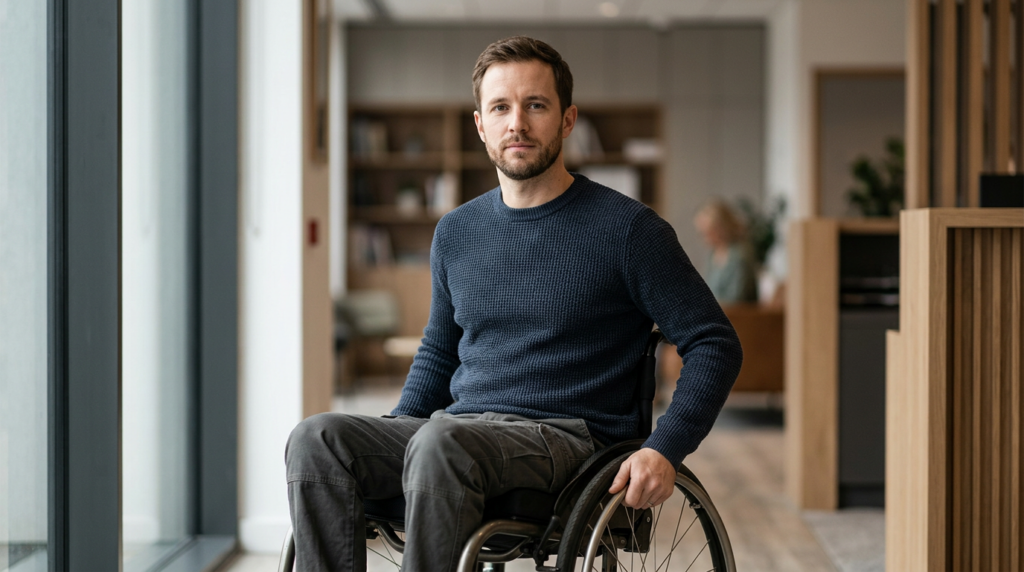 a person who uses a wheelchair looking forward with quiet resolve, catastrophic spinal injury