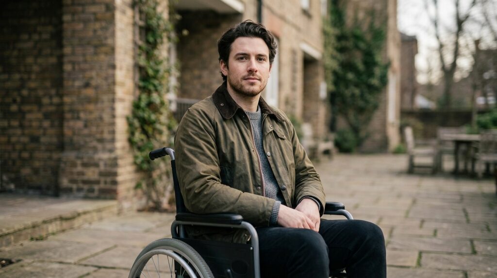 Person in a wheelchair looking forward with quiet resolve after a catastrophic spinal injury.