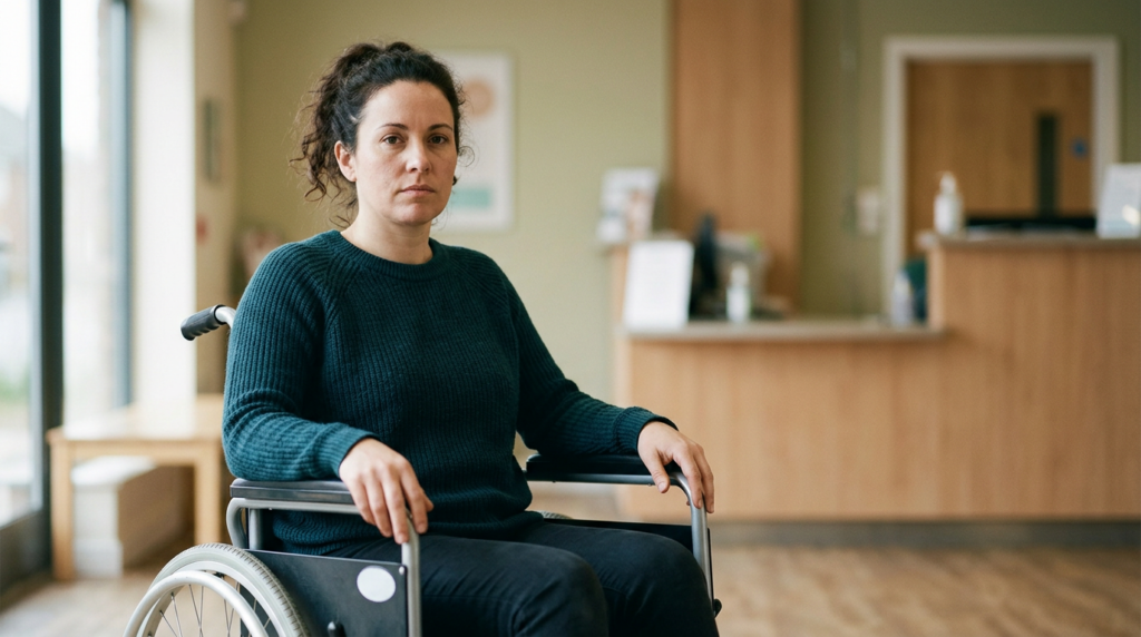 Person in a wheelchair looking forward with quiet resolve after a catastrophic spinal injury.