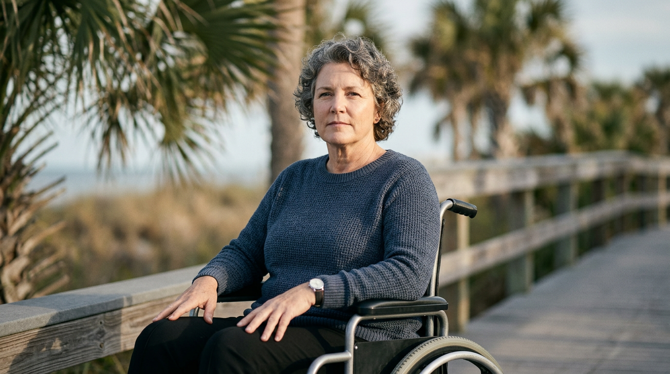 Person in a wheelchair looking forward with quiet resolve after a catastrophic spinal injury.