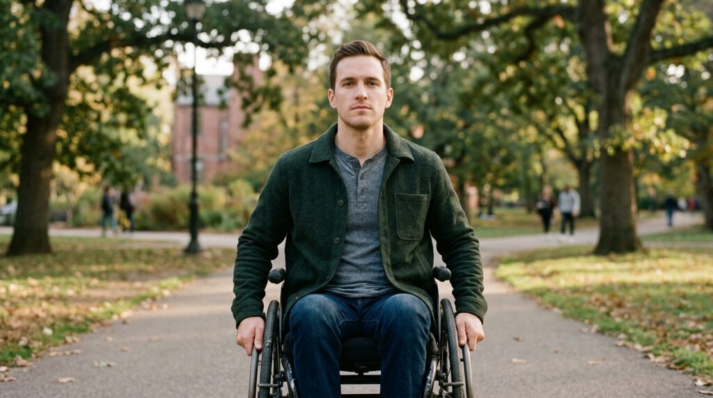 Person in a wheelchair looking forward with quiet resolve after a catastrophic spinal injury.