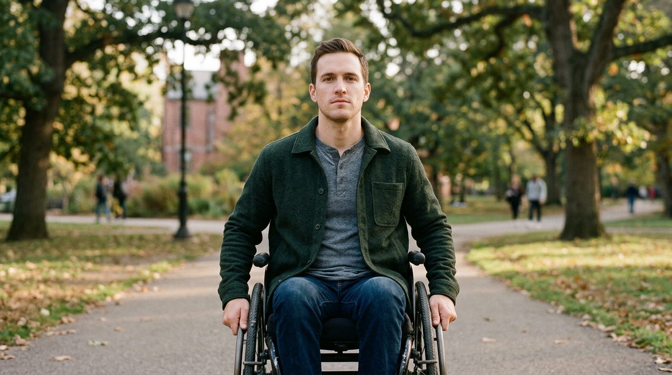 Person in a wheelchair looking forward with quiet resolve after a catastrophic spinal injury.