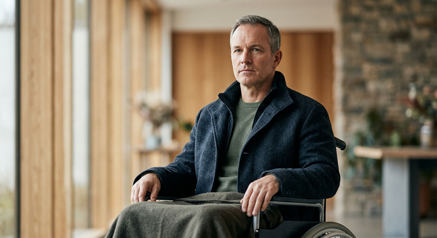 Person in a wheelchair looking forward with quiet resolve after a catastrophic spinal injury.