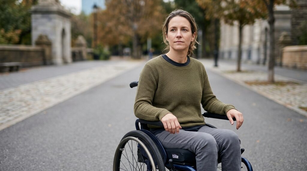 Person in a wheelchair looking forward with quiet resolve after a catastrophic spinal injury.