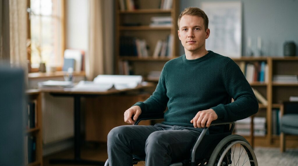 Person in a wheelchair looking forward with quiet resolve after a catastrophic spinal injury.